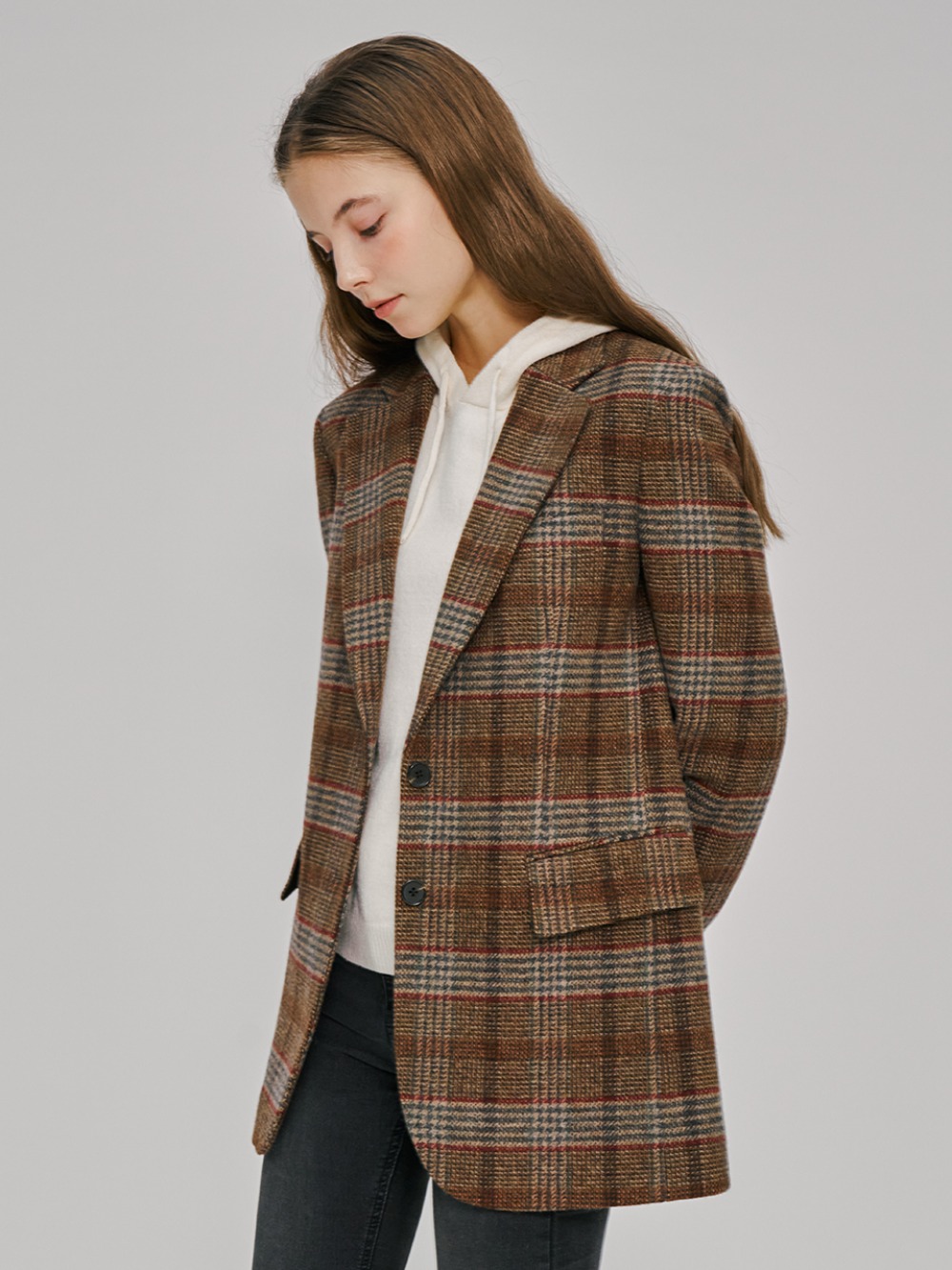 Wool Single Jacket Brown Check