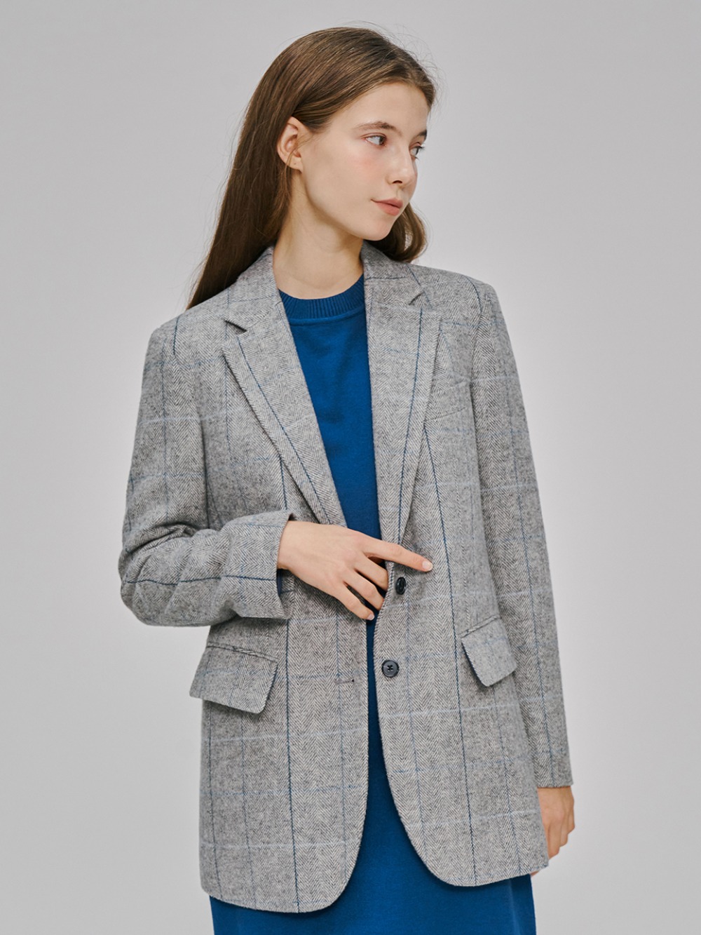 Wool Blend Single Set-up Jacket Grey Check